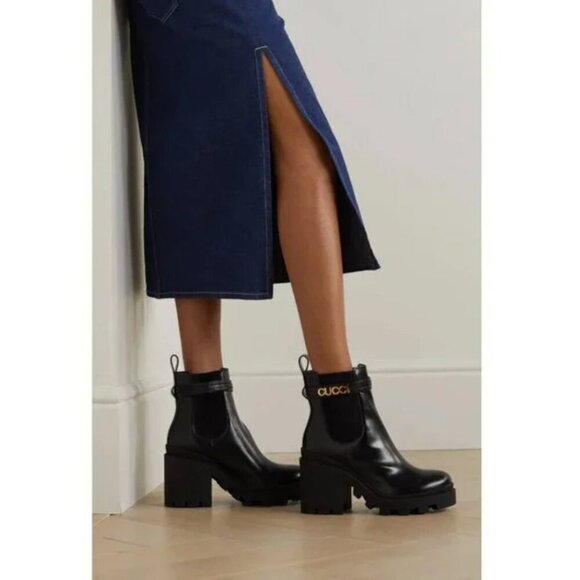 Gucci Trip Ankle Logo Plaque Boots Womens 41.5 11.5 Black Leather Chelsea Combat - Picture 2 of 15